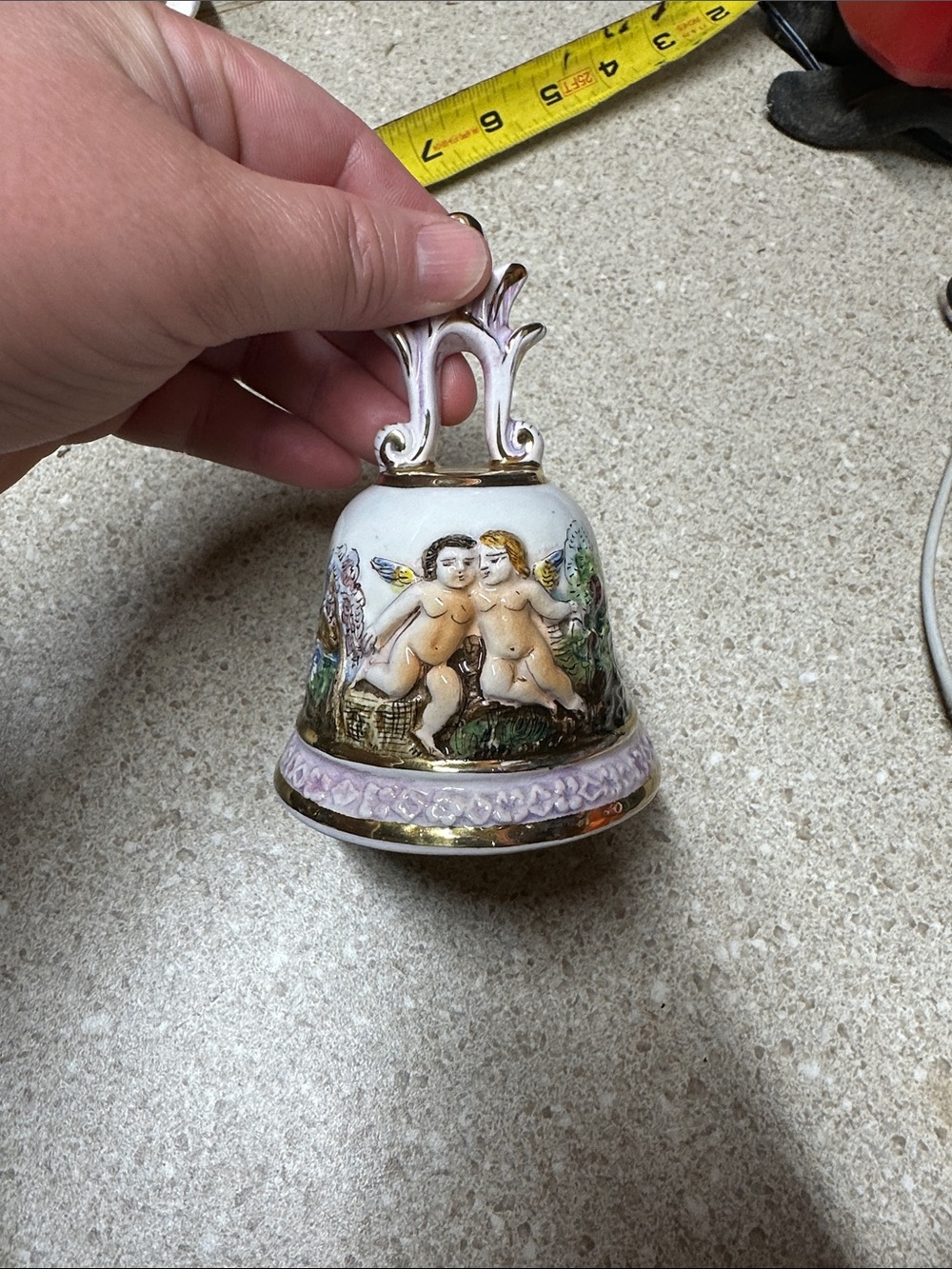 Hand-Painted Porcelain Cherub Bell in White and Pink with Gold Trim